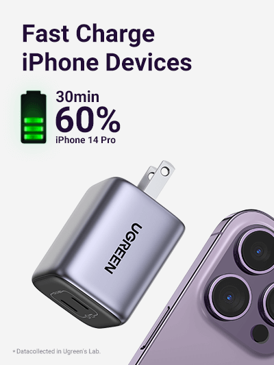 45W Fast iPhone Charging Charge your iPhone 14 pro device in 30 minutes from 0-60%.