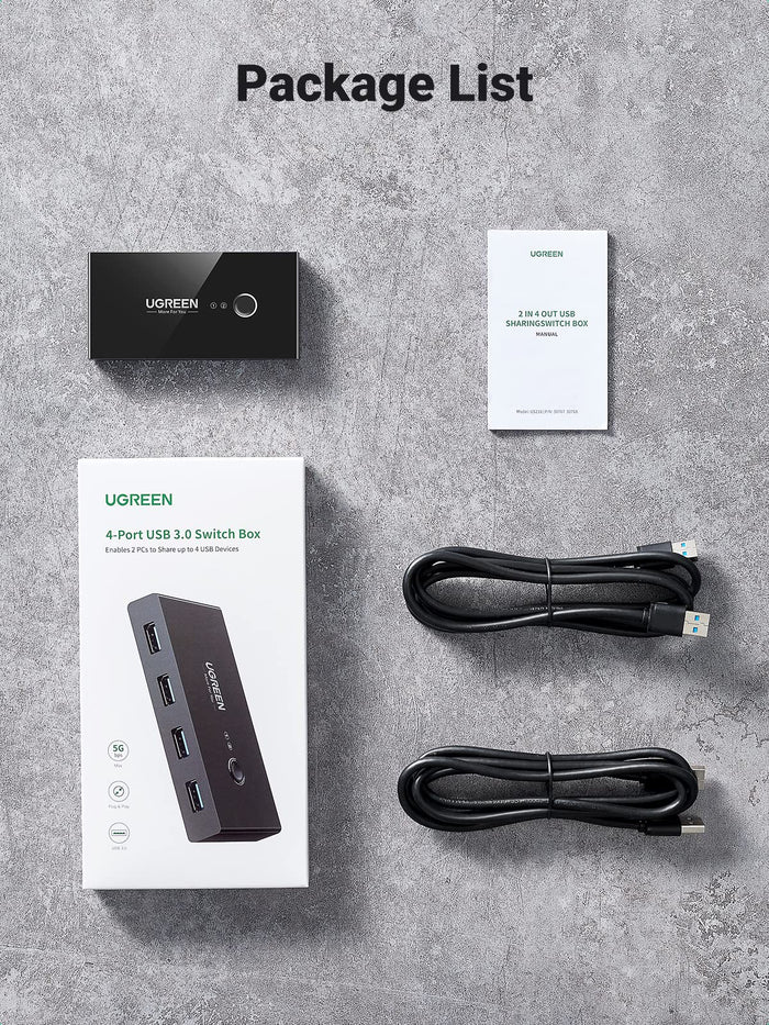 UGREEN USB 3.0 4-Port Switch With 2 Pack USB Male Cable