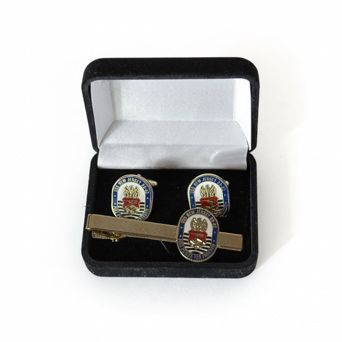 Cufflinks and tie clip set in a black box with white interior