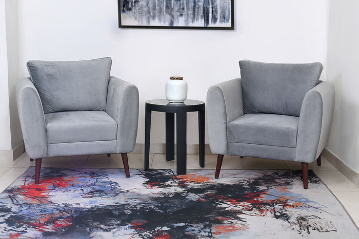 Venus room chair set of two: light gray upholstered accent chairs with armrests and wooden legs