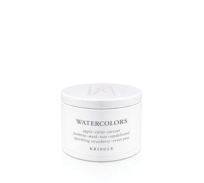 White candle tin labeled 'Watercolors' by Kringle Candle on a white background