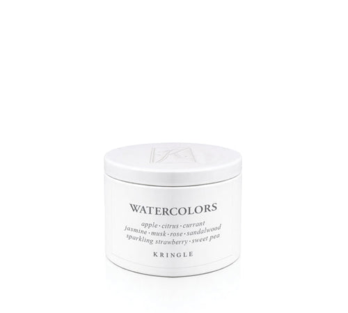 White candle tin labeled 'Watercolors' by Kringle Candle on a white background