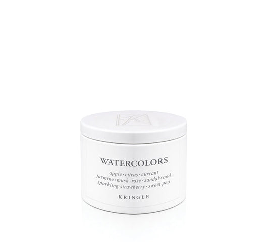 White candle tin labeled 'Watercolors' by Kringle Candle on a white background