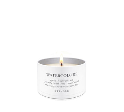 Candle tin labeled 'Watercolors' by Kringle Candle on a white background