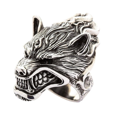 Front view of the large sterling silver werewolf head ring showing its snarling teeth and intricate fur details.