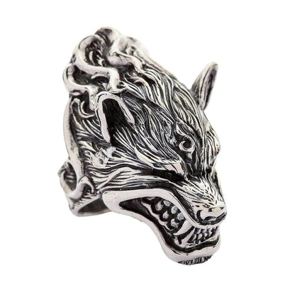 Side profile of the snarling werewolf biker ring, highlighting the detailed craftsmanship of the sculpture.
