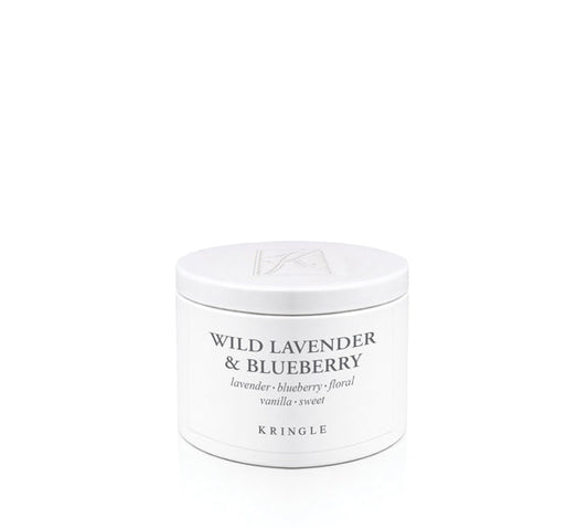 White candle tin 'Wild Lavender & Blueberry' scent by Kringle on a white background