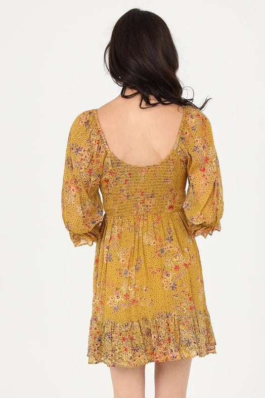 Women's Floral Half Poet Sleeve Mini Dress in Honey