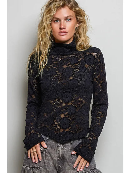 Women's Mock Turtleneck Long Sleeve Top in Black