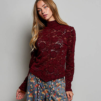 Women's Mock Turtleneck Long Sleeve Top in Wine