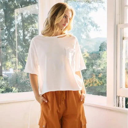 Women's Plus Size Knit Cut Out Top in White
