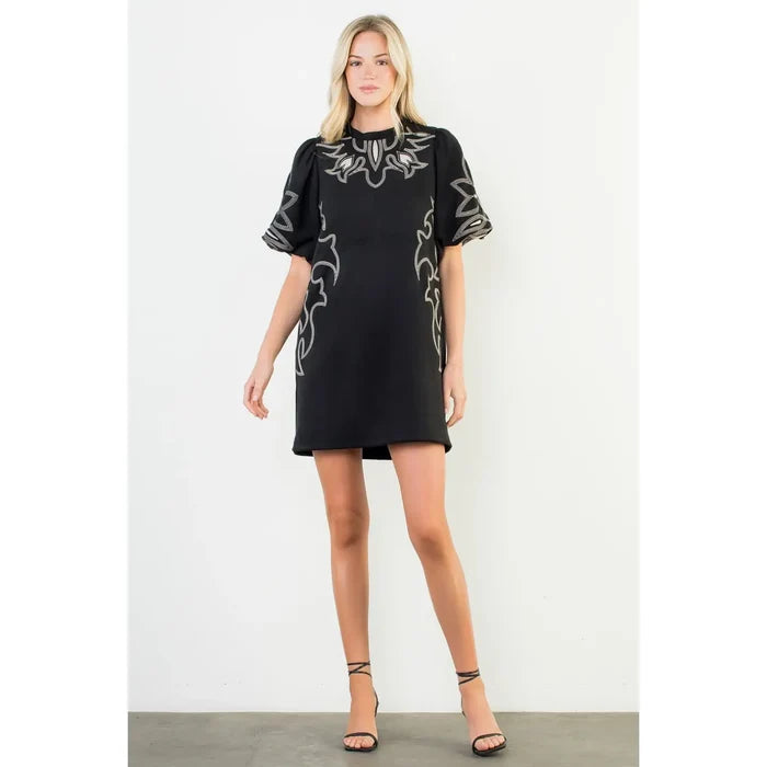 Women's Puff Sleeve Embroidered Dress in Black