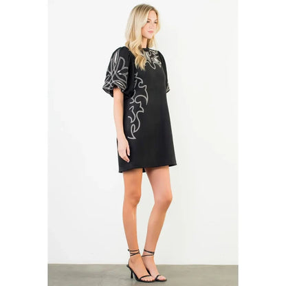 Women's Puff Sleeve Embroidered Dress in Black