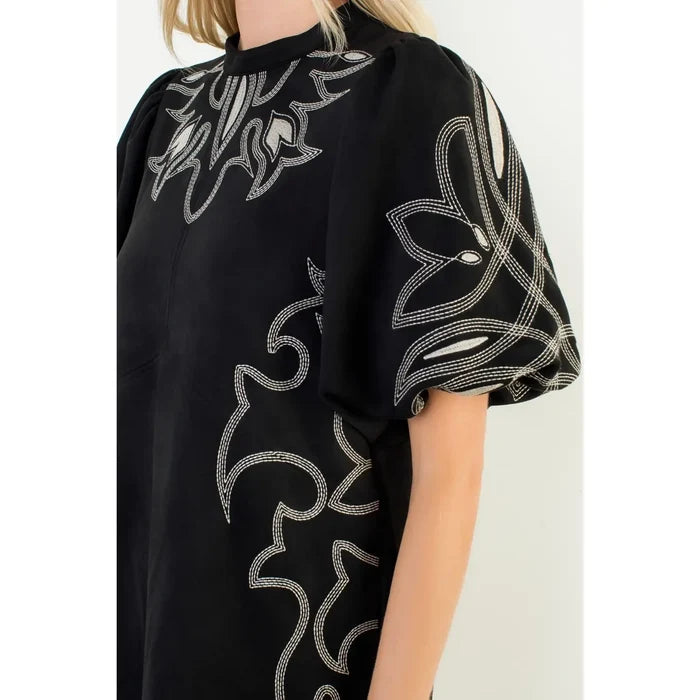 Women's Puff Sleeve Embroidered Dress in Black