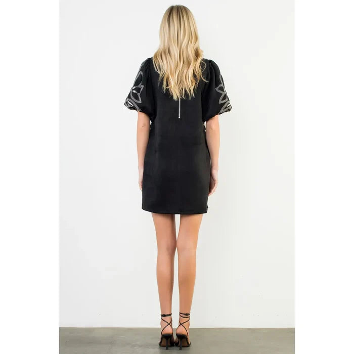 Women's Puff Sleeve Embroidered Dress in Black
