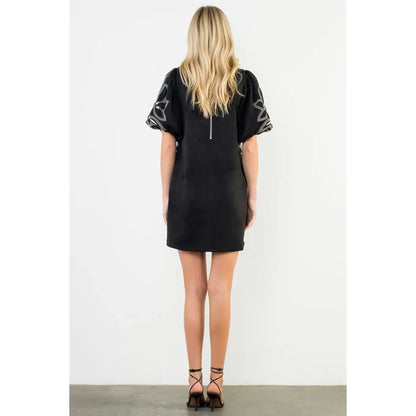 Women's Puff Sleeve Embroidered Dress in Black
