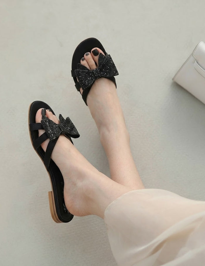 Women's Rhinestone Bow Flat Sandals | Comfortable Black Slip-On Slides