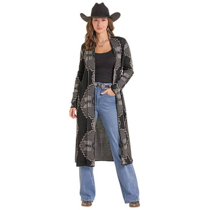 Women's Rock & Roll Denim Aztec Knit Cardigan Sweater in Black