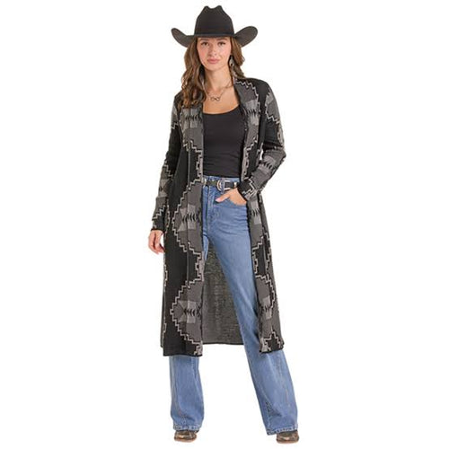 Women's Rock & Roll Denim Aztec Knit Cardigan Sweater in Black