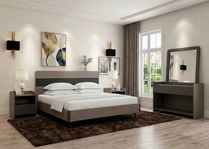 Wood Creek upholstered bed with two matching side tables, dark gray fabric