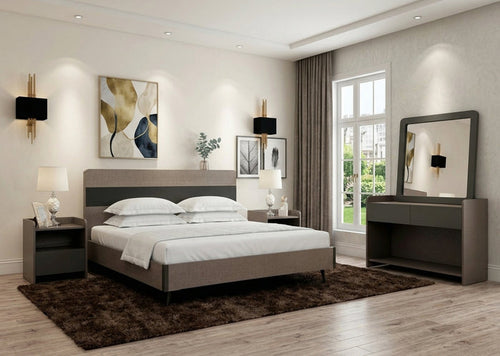Wood Creek upholstered bed with two matching side tables, dark gray fabric