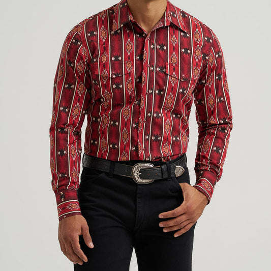 Wrangler Men's Checotah L/S Western Snap Shirt in Red (Available in Tall Sizes)