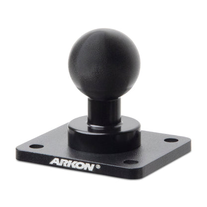 The XMS 25mm AMPS Adapter Plate is a heavy-duty aluminum mount with a 25mm ball on top and a square AMPS adapter plate with four corner holes. The ARKON logo appears on the front edge of the plate.