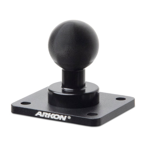 The XMS 25mm AMPS Adapter Plate is a heavy-duty aluminum mount with a 25mm ball on top and a square AMPS adapter plate with four corner holes. The ARKON logo appears on the front edge of the plate.