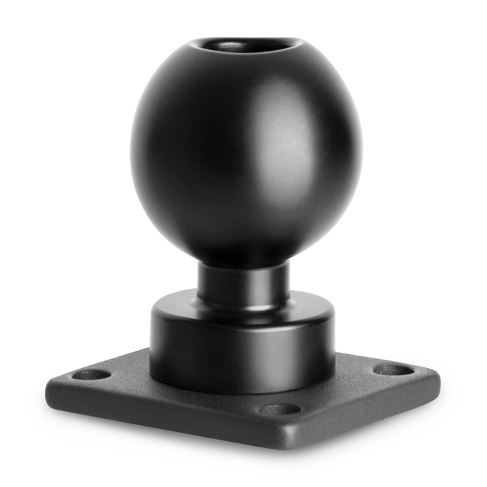 The XMS 38mm AMPS Adapter Plate is a heavy-duty black aluminum spherical ball mount (38mm) with a square base and four screw holes in the AMPS pattern, designed for secure mounting to flat surfaces.