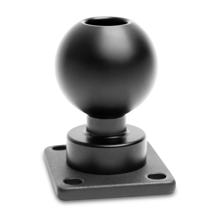 The XMS 38mm AMPS Adapter Plate is a black, heavy-duty aluminum adapter with a 38mm ball mount on top and a square plate featuring an AMPS pattern and four screw holes—perfect for mounting accessories or devices securely.