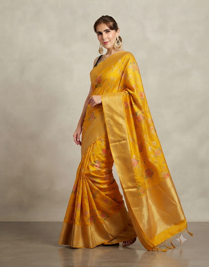 Yellow Floral Silk Saree