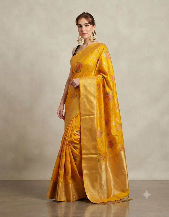 Yellow Floral Silk Saree