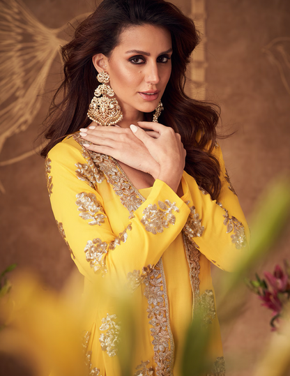 Yellow Sequinced Jacket Set