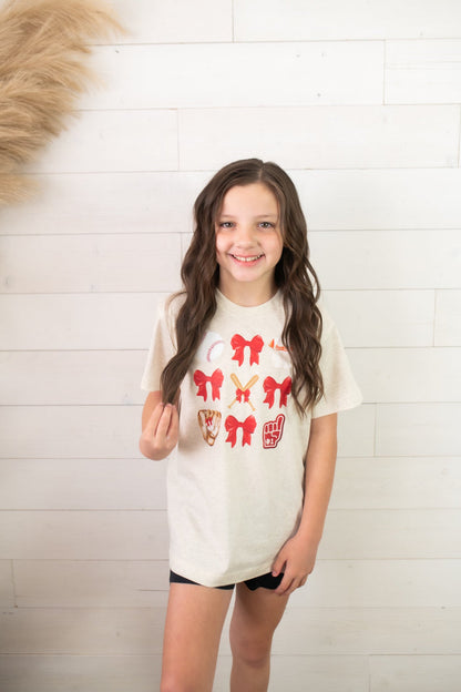 Youth Baseball Bows Graphic Tee-Natural Heather