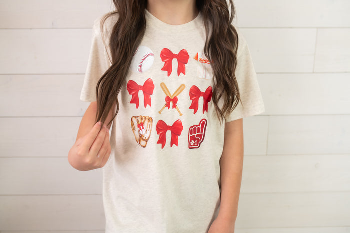 Youth Baseball Bows Graphic Tee-Natural Heather